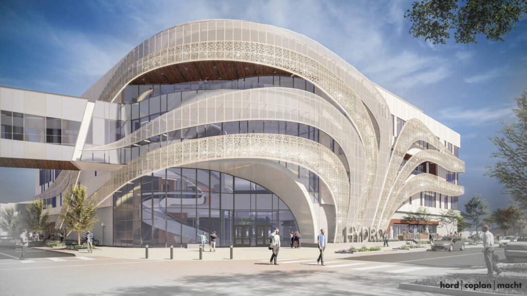 Streetview rendering of the front of the Hydro building.