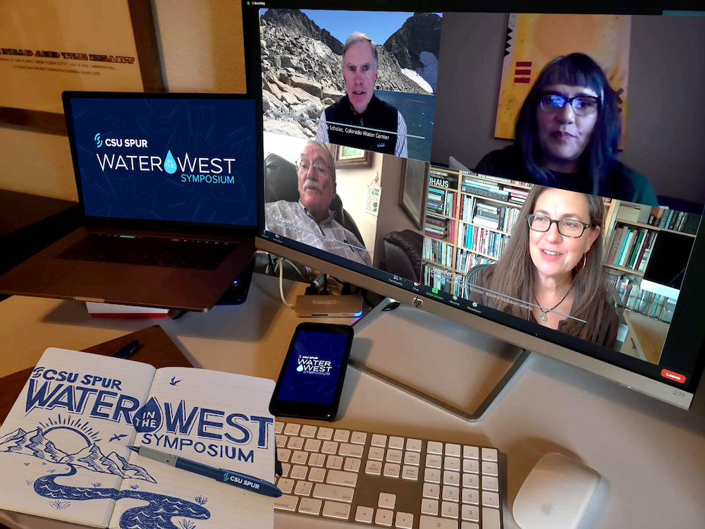 Large computer screen with four faces on Zoom, a laptop and phone screen with the Water in the West logo, and a notebook with a blue pen sketch.