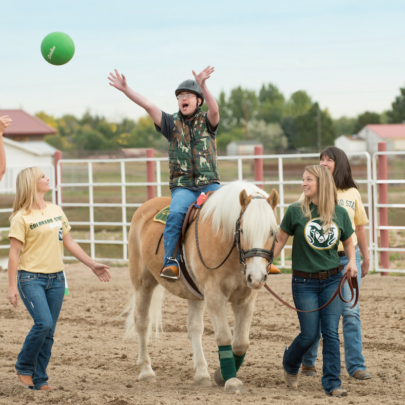 Boy on a horse plays with a green ball.