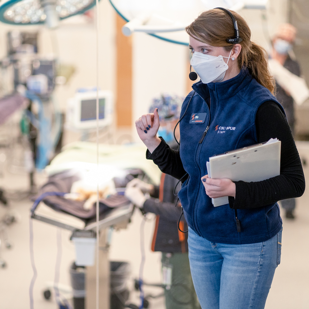 Woman wearing a headset and a vest in front of a veterinary exam room.