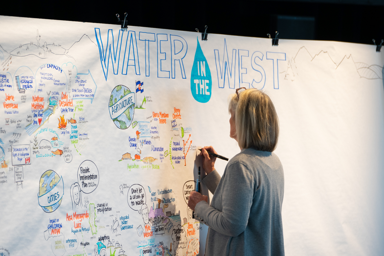 A woman draws on a long sheet of paper.