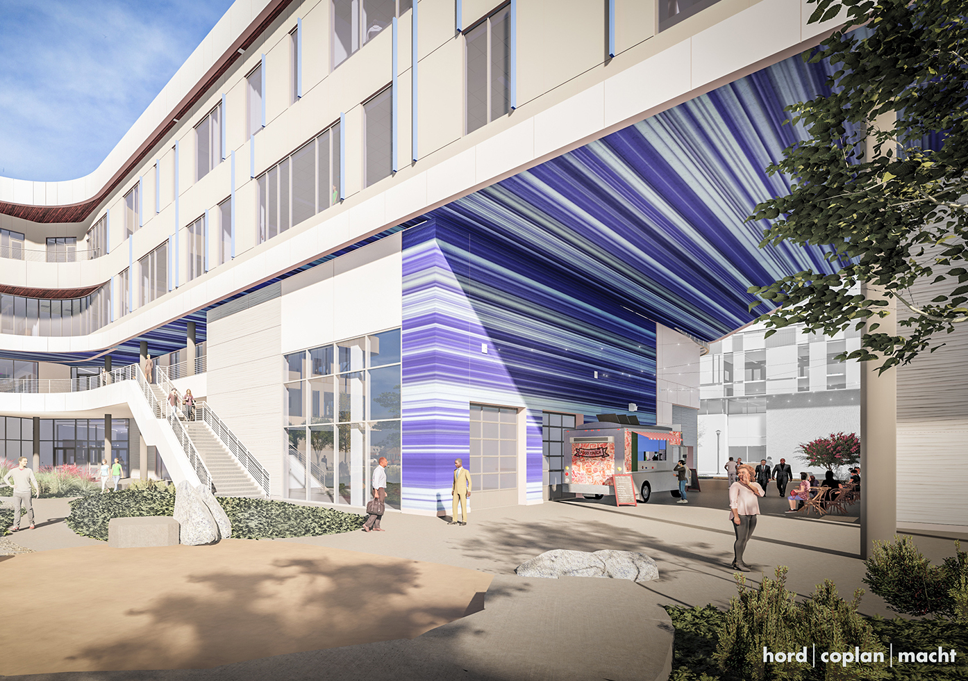 Rendering of a blue and white striped mural on the underpass of a building.