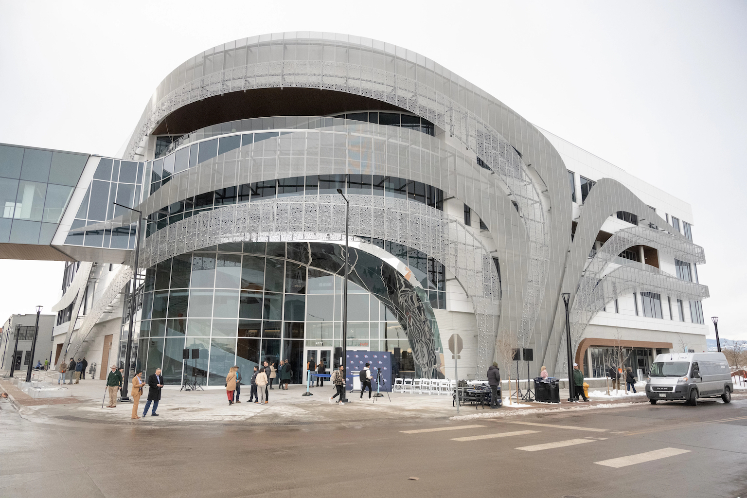 Outside of a new building.