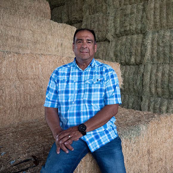 Man in a blue checkered shirt sitting on a hay bale.