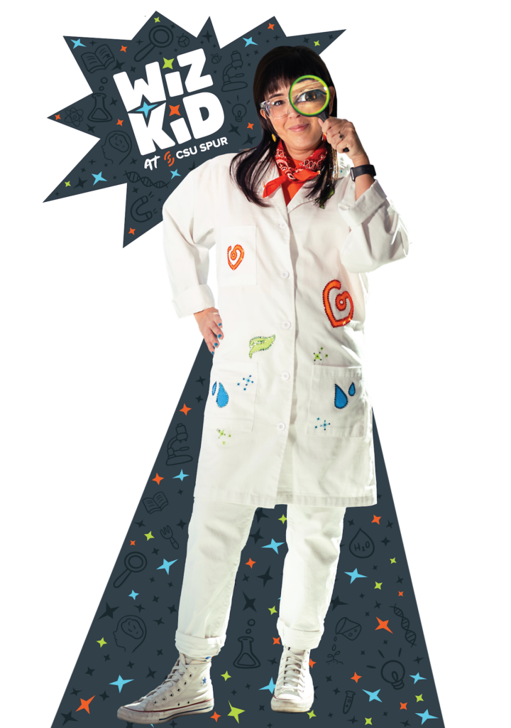 Cutout image of a woman in a lab coat with a magnifying glass in front of the Wiz Kid logo.