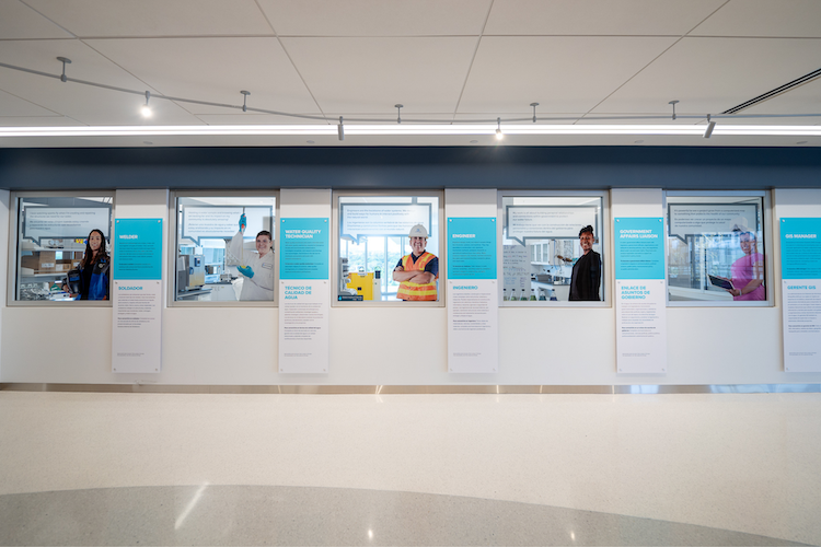 Wall-mounted panels showing various water careers.