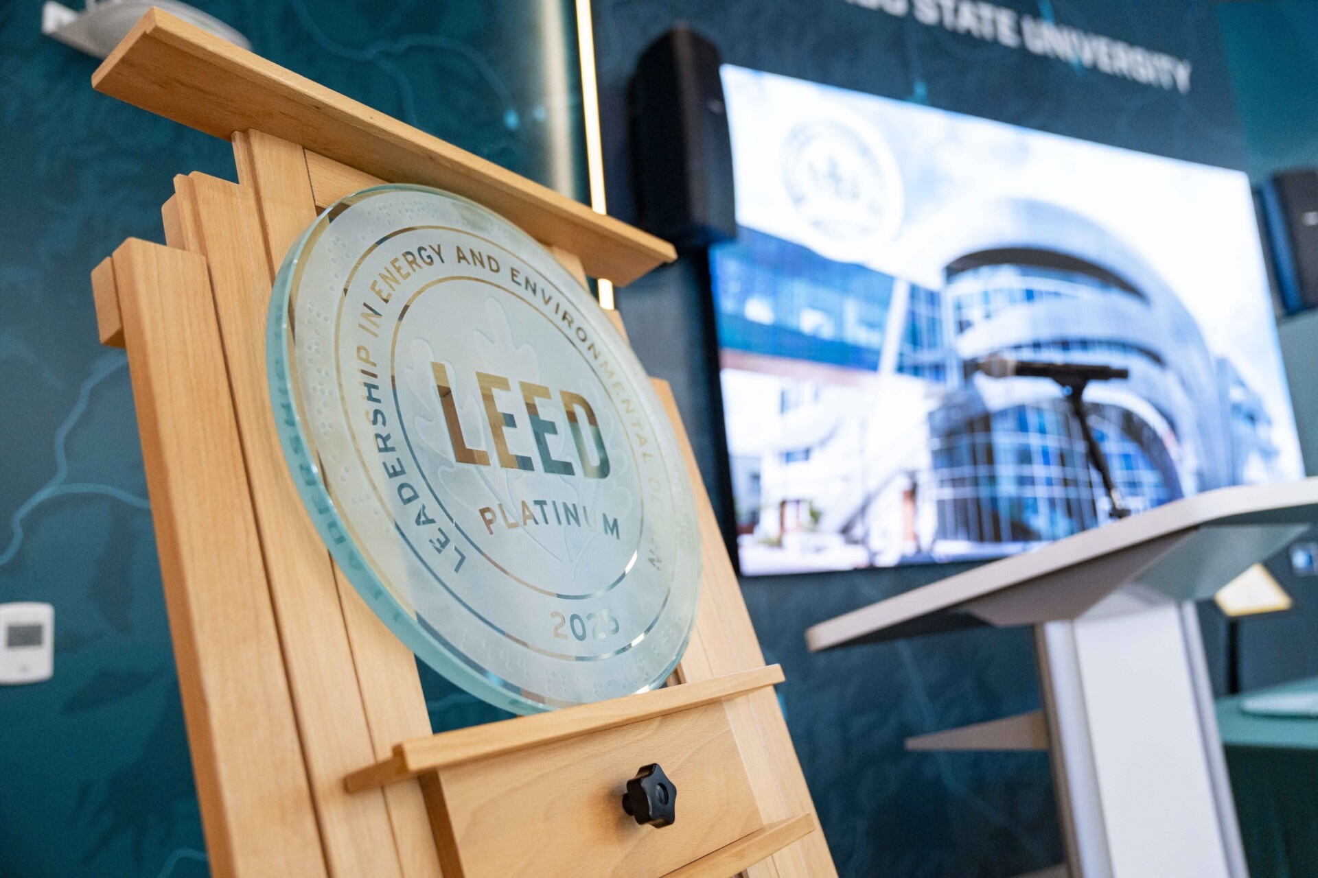 Close-up of the LEED award plaque.